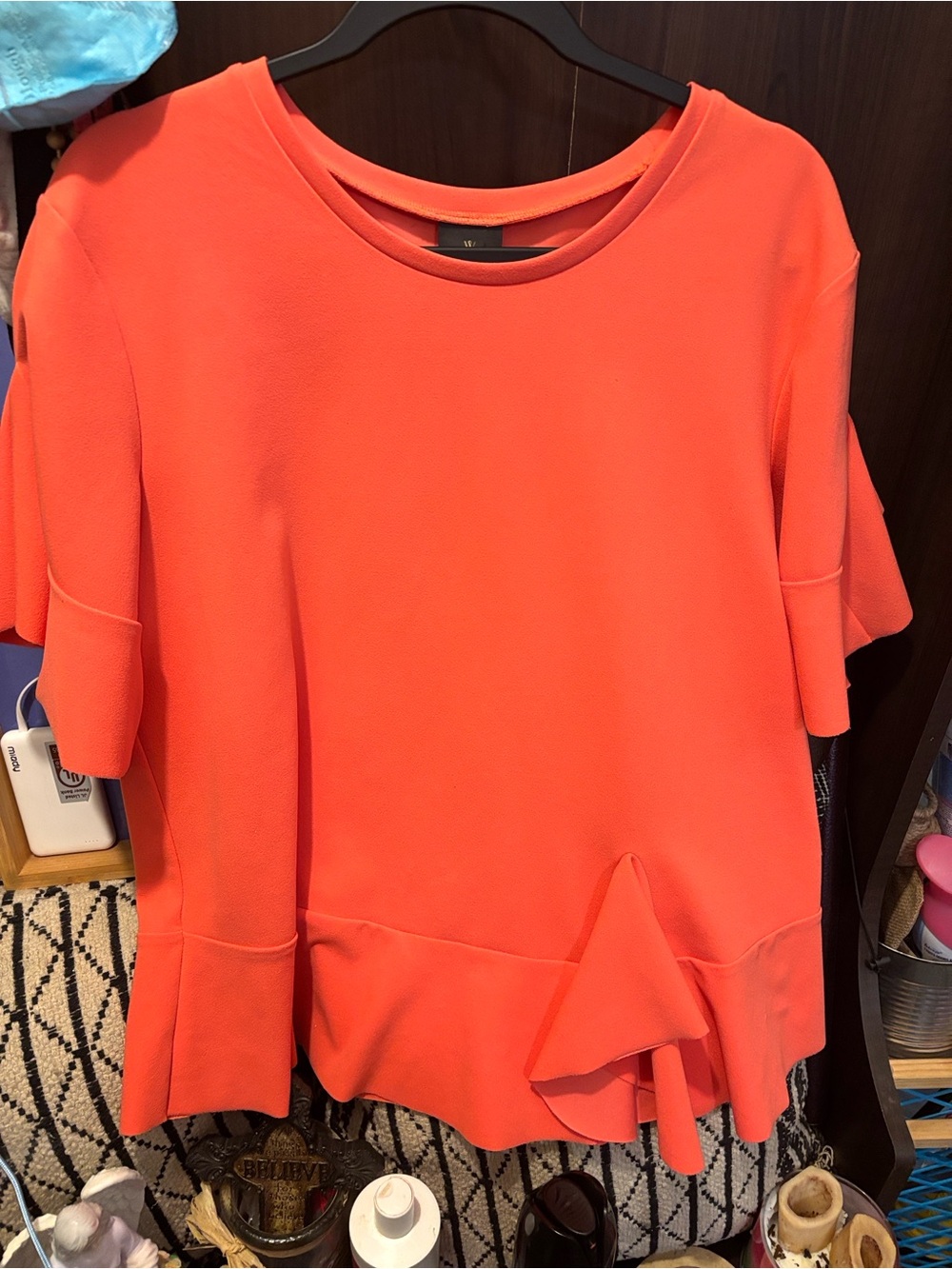 W by Worth Bright Coral Ruffle-Hem Short Sleeve Tunic-P2P17, Length 19